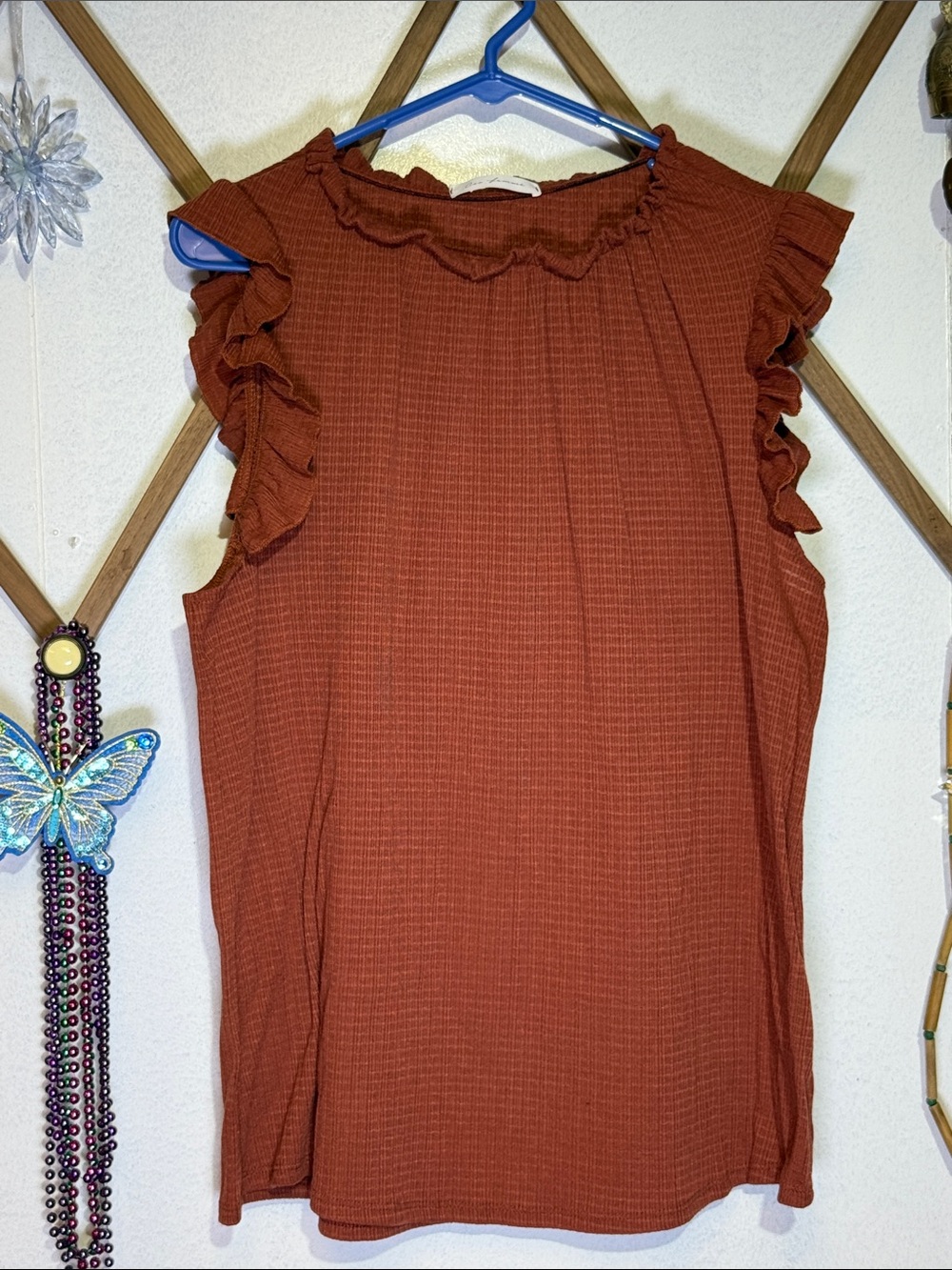 Ces Femme Rust Ruffle Mock Neck Sleeveless Top